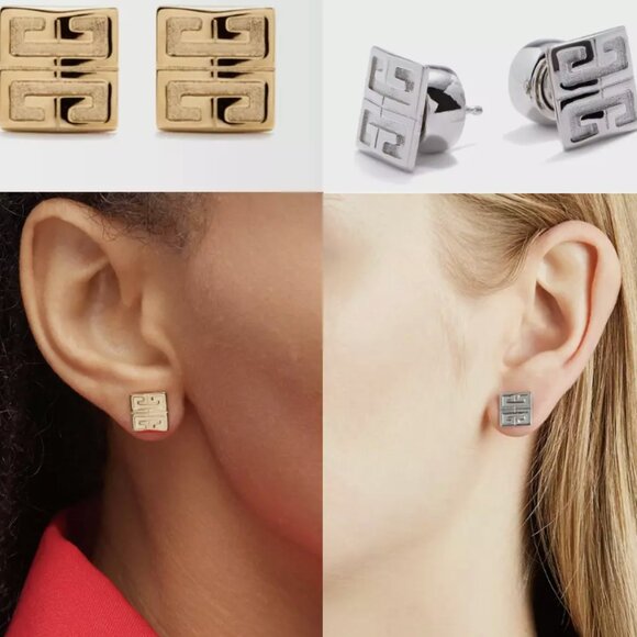 Authentic Givenchy 4G Stud Earrings Silver Gold Toned - Picture 1 of 12